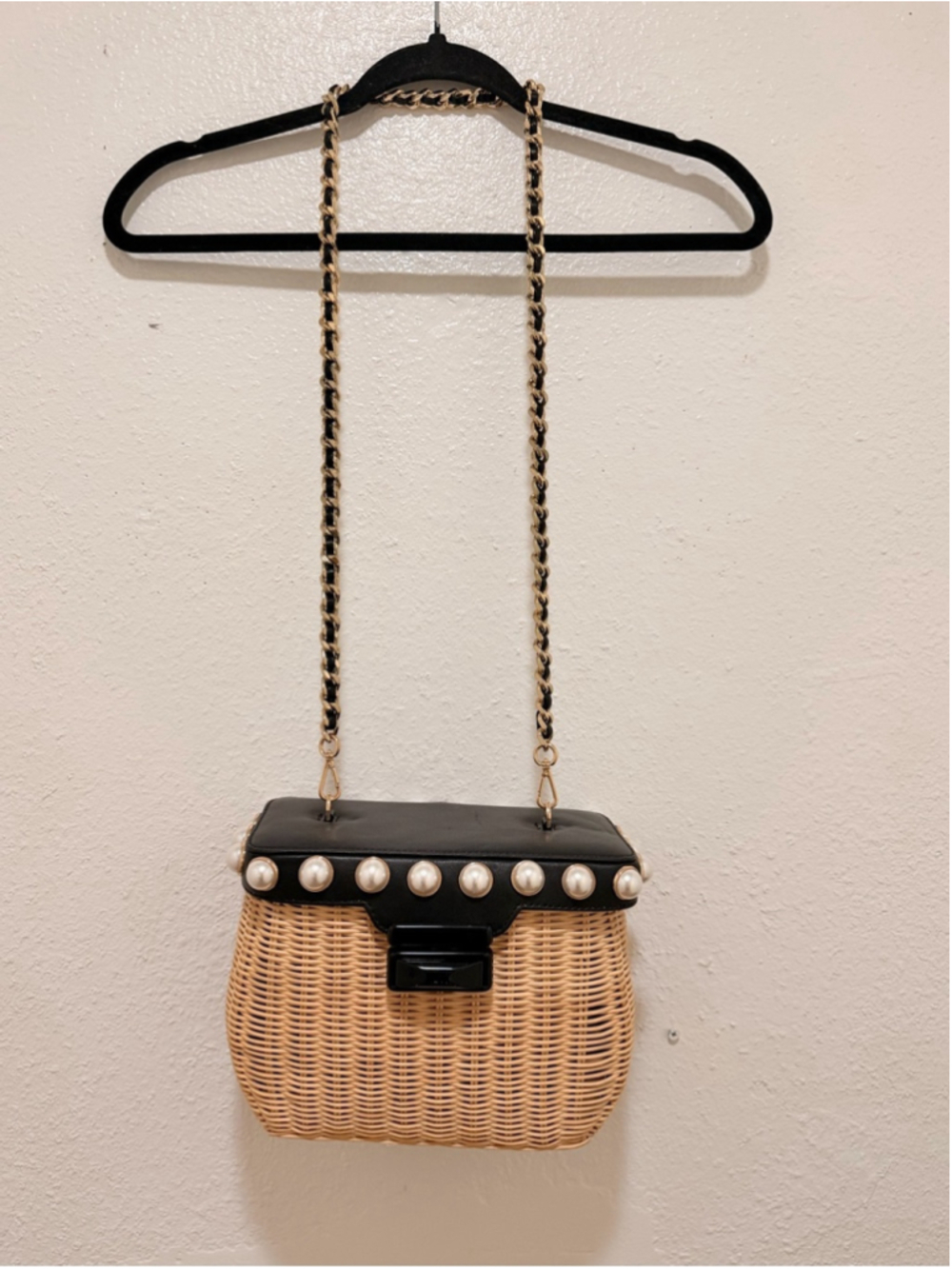 BTB Los Angeles Wicker Rattan Crossbody Bag Pearl Embellished